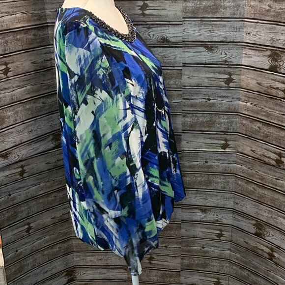 ALFANI blue black green abstract bubble hem kimono sleeve top size 1X - Picture 4 of 5